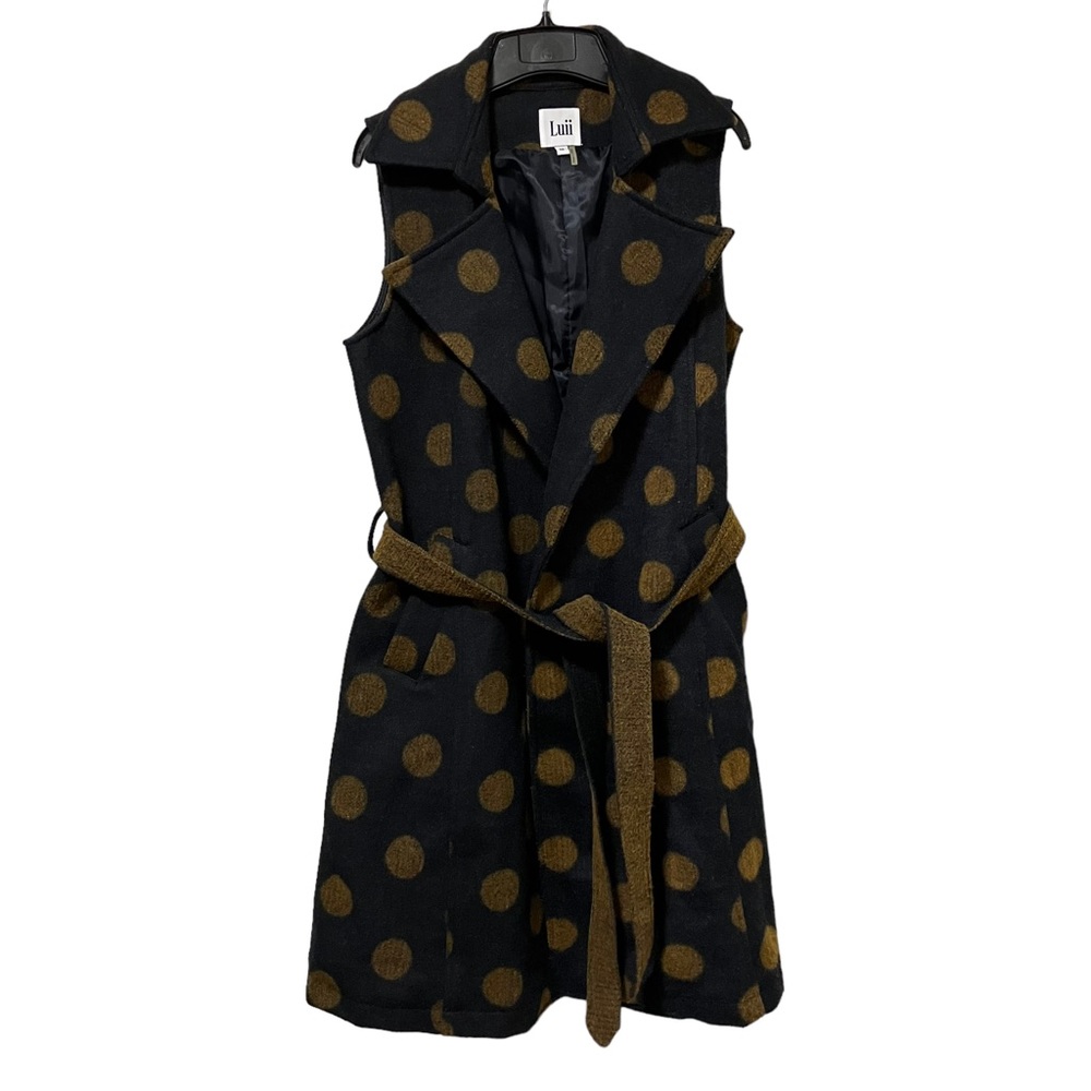 Luii Polka Dot Wool Blend Sleeveless Open Front Belt Tie Duster Coat